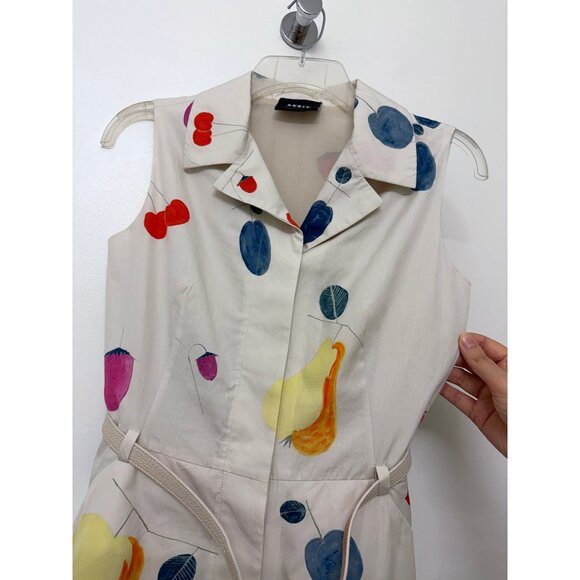 Akris Fruit Print Shirt Dress Cotton Beige Gray Greige Rainbow Colorful Belted 6 - Picture 6 of 16